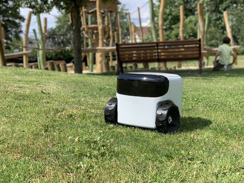 Camera-guided robot mower working on a park lawn